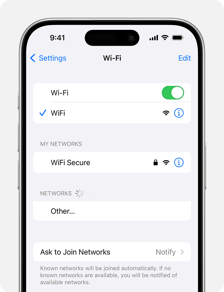 iPhone Settings-Wifi Page